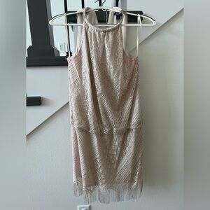 SLNY Shimmery Champagne Dress with Fringe